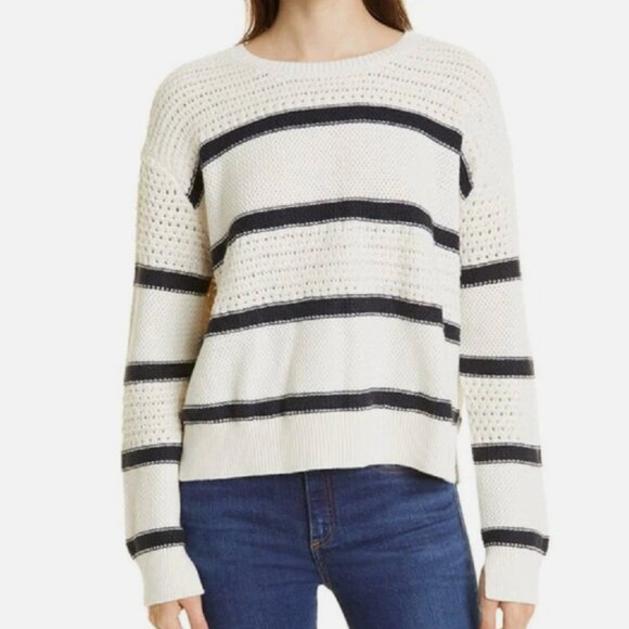 La Ligne Mixed Texture Stripe Cotton & Cashmere Sweater Cream Navy Crew Neck - Picture 1 of 14